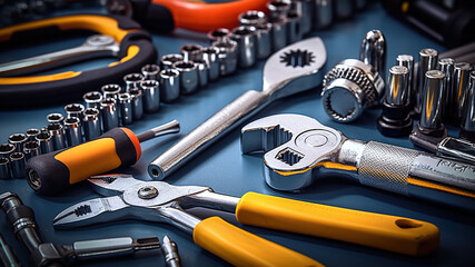 Pictures of various hand tools and wrenches laid out and ready to use. - obrazy, fototapety, plakaty
