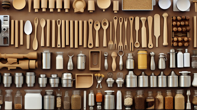 Knolling, Baking Supplies: Mixing Bowls, Measuring Spoons, Cookie Cutters, And Rolling Pins In A Baking-themed Knolling