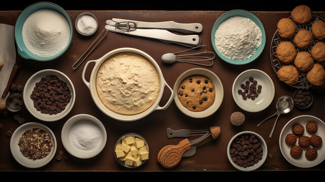 Knolling, Baking Supplies: Mixing Bowls, Measuring Spoons, Cookie Cutters, And Rolling Pins In A Baking-themed Knolling