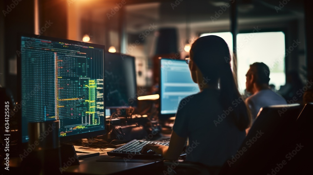 Poster group of people working on the programming code, minimal blurred