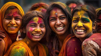 AI generated, realistic illustration of the holi festival in India. Group of smiling people, colored smiling faces with vibrant colors during the celebration of the holi festival in India. Multi-color - obrazy, fototapety, plakaty