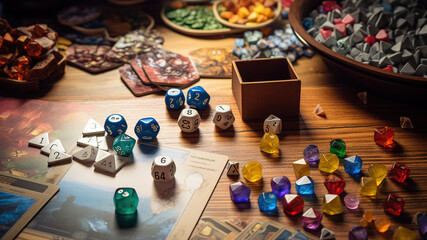 Obraz na płótnie Canvas knolling, Board Game Pieces: A variety of board game pieces, dice, tokens, and cards laid out for a game night