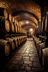 Foto op Plexiglas Old french oak wooden barrels in underground cellars for wine aging process, Vintage Barrels and Casks in Old Cellar: A Spanish Winery's Perfect Storage for Aging Delicious Wine. High quality photo © Starmarpro