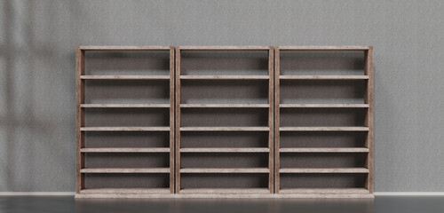 An empty bookshelf was placed in the middle of the room shelf in the room Floor and wall screens 3D illustration