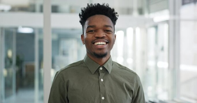 Face, consultant and happy black man in business office, corporate company or workplace. Portrait, entrepreneur and African professional agent, expert advisor and employee worker smile in Kenya.