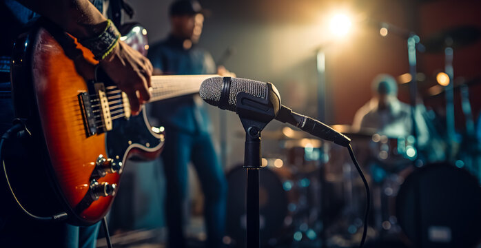  Music band group perform on a concert stage. Guitarist on stage for background, soft and blur concept. Music band performing in a recording studio. digital ai