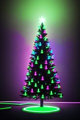 Dark christmas tree illuminated with neon lights on dark background, wallpaper christmas banner Ai Generative