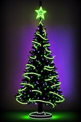 Dark christmas tree illuminated with neon lights on dark background, wallpaper christmas banner Ai Generative