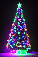 Dark christmas tree illuminated with neon lights on dark background, wallpaper christmas banner Ai generated