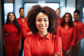 group of people standing in office, confident black woman wearing red leading corporate team with confidence 