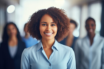 group of people standing in office, confident black woman wearing grey and baby blue suit leading corporate team with confidence 