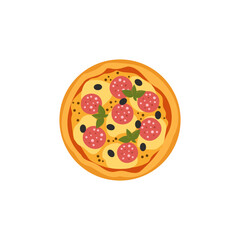 Fresh pizza with tomato, cheese, olive, sausage, onion, basil. Traditional italian fast food. Top view meal. European snack. Isolated white background. Vector illustration