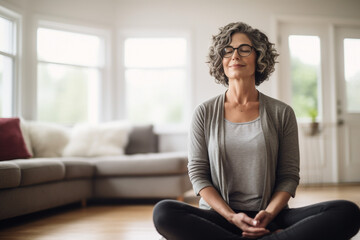 Middle aged woman meditating at home with eyes closed, relaxing body and mind in a living room. Mental health and meditation for no stress concept. Self care and wellbeing. High quality photo - obrazy, fototapety, plakaty