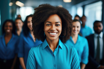 group of people standing in office, confident black woman wearing blue aqua green leading corporate team with confidence 