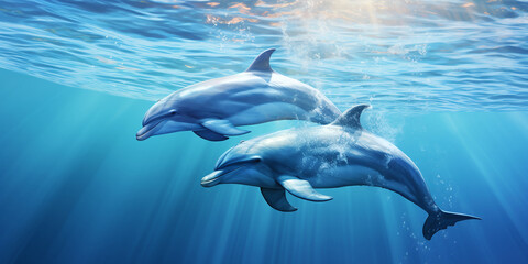 Pair of dolphins playing in sun rays underwater in the sea, marine animals in natural habitat - obrazy, fototapety, plakaty