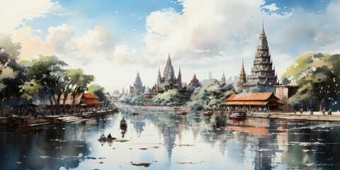 watercolor painting bangkok See buildings and places as landmarks