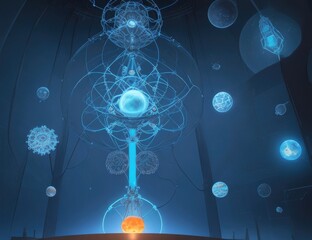 3D rendering of an atom in a futuristic space. Science fiction.