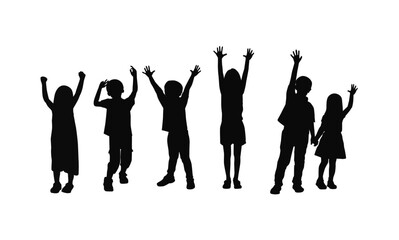 Naklejka na ściany i meble Group of happy children dancing, children raising hand