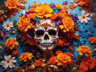 Scull decorated with marigold flowers,  Dia De Los Muertos or Day of the Dead Celebration. Mexican Traditional Festive.
