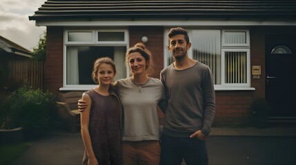 A happy family in front of a house in UK