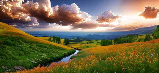 A mountain stream in summer with clouds