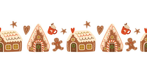Christmas gingerbread houses cookies seamless border. Baked Christmas dessert, hot winter drink. Horizontal repeat vector illustration. Cozy winter time decorative element. Handmade Christmas dessert. - 634130132