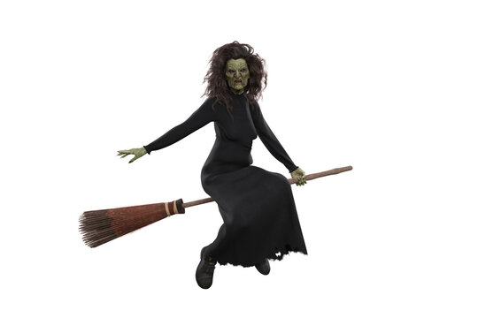 Old Halloween hag witch flying on her magic broomstick. Isolated 3D illustration.