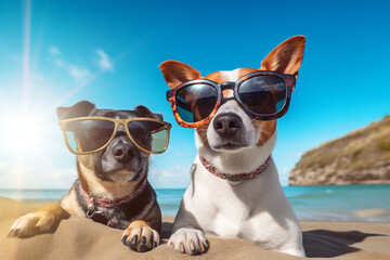 two dogs with sunglasses taking selfie on a sandy beach. High quality photo