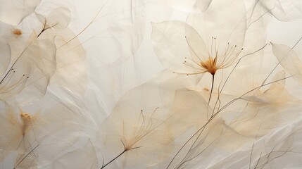 a horizontal image of pressed translucent light yellow flowers on rice paper as a background in a Floral-themed image as a JPG horizontal format. Generative AI