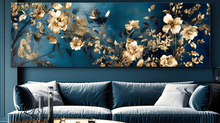A modern canvas art ivy wall decor gold and navy flowers