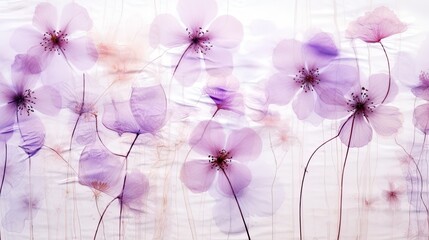 a horizontal image of pressed translucent light purple flowers on rice paper as a background in a Floral-themed image in a JPG horizontal format. Generative AI