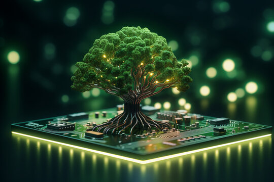 Tree growing on the converging point of computer circuit board. Green computing, Green technology, Green IT, CSR, and IT ethics. Concept of green technology. Environment green technology. High quality