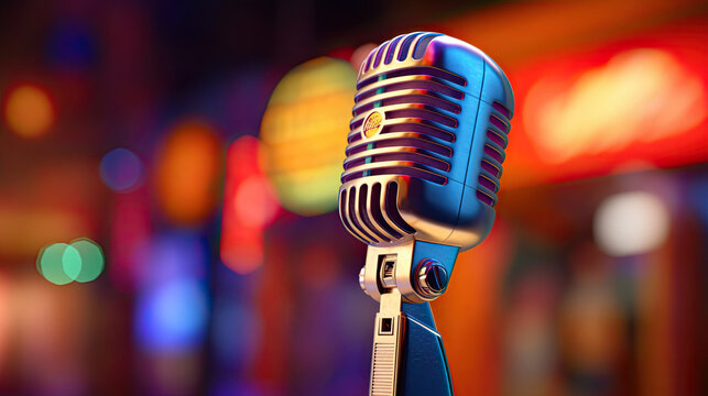 A classic musical microphone on blur colorful background. Generative Ai