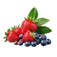 Strawberries blueberries mint on transparent background