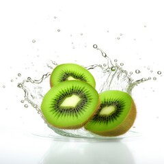 Kiwi in splashes. Falling of kiwi fruits with water splash isolated on white background