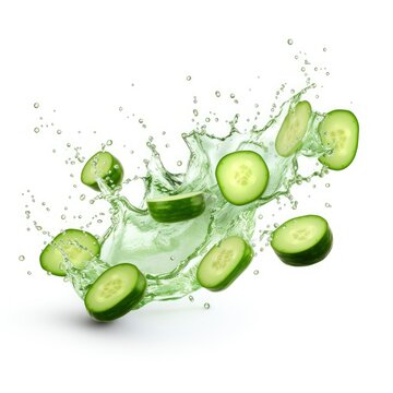 Cucumbers in splashes. Falling of cucumbers with water splash isolated on white background