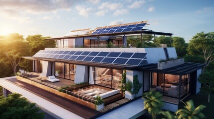 Fototapeta premium Solar panels on the roof of modern building. Created using generative AI technology.