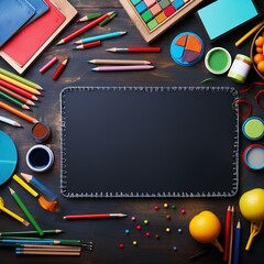 Blackboard and school supplies on the table. Generative AI