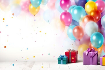 Colorful child birthday card with balloons and gifts, with space for text horizon background