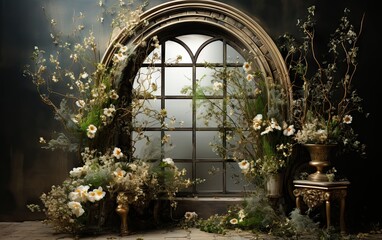 Majestic living room with large windows decorated with floral motifs. Photography Studio Fund. Pregnancy, weddings.