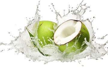 Coconuts water splashing out of a fresh green coconut isolated on transparent or white background - obrazy, fototapety, plakaty