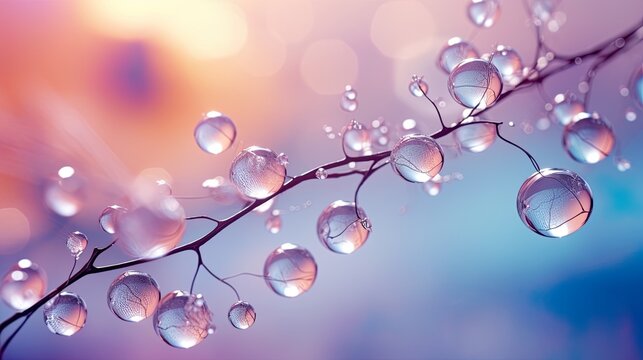 Fantasy tiny, shiny glass drops on a branch, delicate luxury beautiful branch with jewel bubbles. Inspirational colors in pastel, cold snFantasy towy feeling. Pale pink and orange sunset colors. Card.