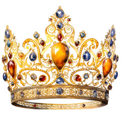 Illustration of watercolor golden royal crown with precious stones. Generative AI, png image