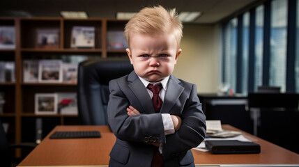 Angry baby wearing business suit office shot - obrazy, fototapety, plakaty