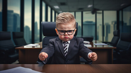 Angry baby wearing business suit office shot