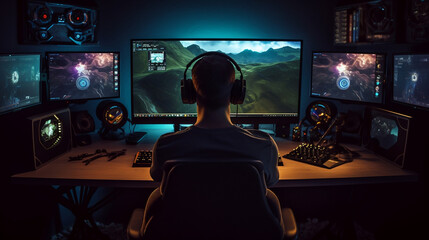 A teeneger boy sitting in room with Ultimat pc gaming setupl lighting	 - obrazy, fototapety, plakaty