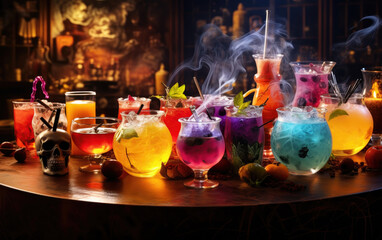An assortment of original Halloween themed cocktails and drinks of different colors inside party