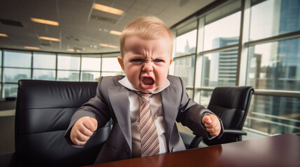 Angry baby wearing business suit office shot.Generated by AI.