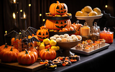 A feast of delicious sweets and Halloween-themed treats beautifully presented over a table.
