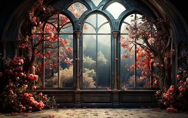 Majestic living room with large windows decorated with floral motifs. Photography Studio Fund. Pregnancy, weddings.